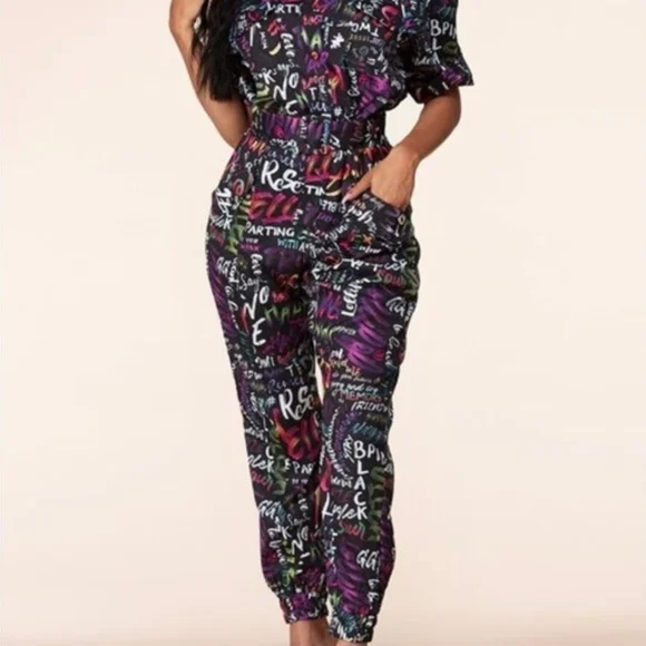 L'atiste Colorful Graffiti Print Full Length Belted Mechanic Style Jumpsuit - Picture 16 of 16